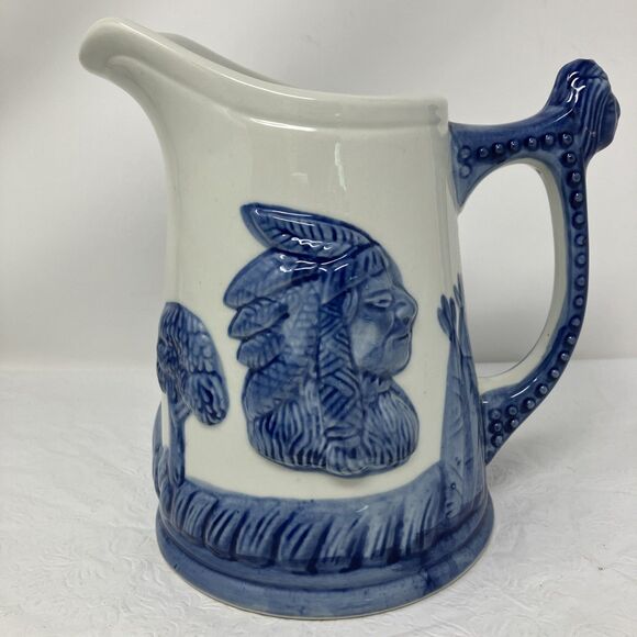 Vintage Old Sleepy Eye Native American Pottery White Blue Ceramic Pitcher - Picture 1 of 14